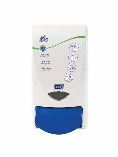 Deb Stoko Cleanse Light -annostelija puhdistustehoiselle voide saippualle, valkoinen muovi, sininen painonappi, 1 L